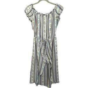 Bebop Girls Ditsy Floral Romper Vertical Stripes Wrap Skirt sz M White Blue